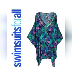 Swimsuits For All-Floral Studded Crinkle Gauze Cover-up Kimono Sleeves-22/24